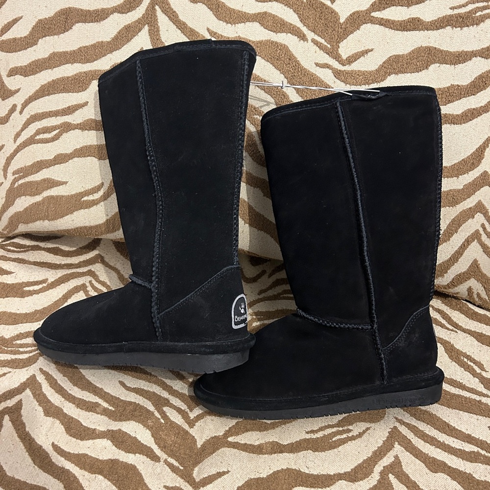 BEARPAW Emma Tall Sheepskin Suede Black Designer Winter Boots Size 5